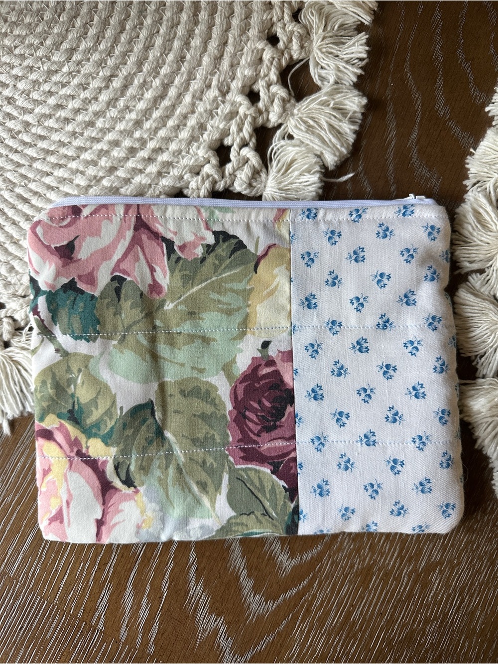 Floral Quilted Zip Pouch - Pink, Green & Blue